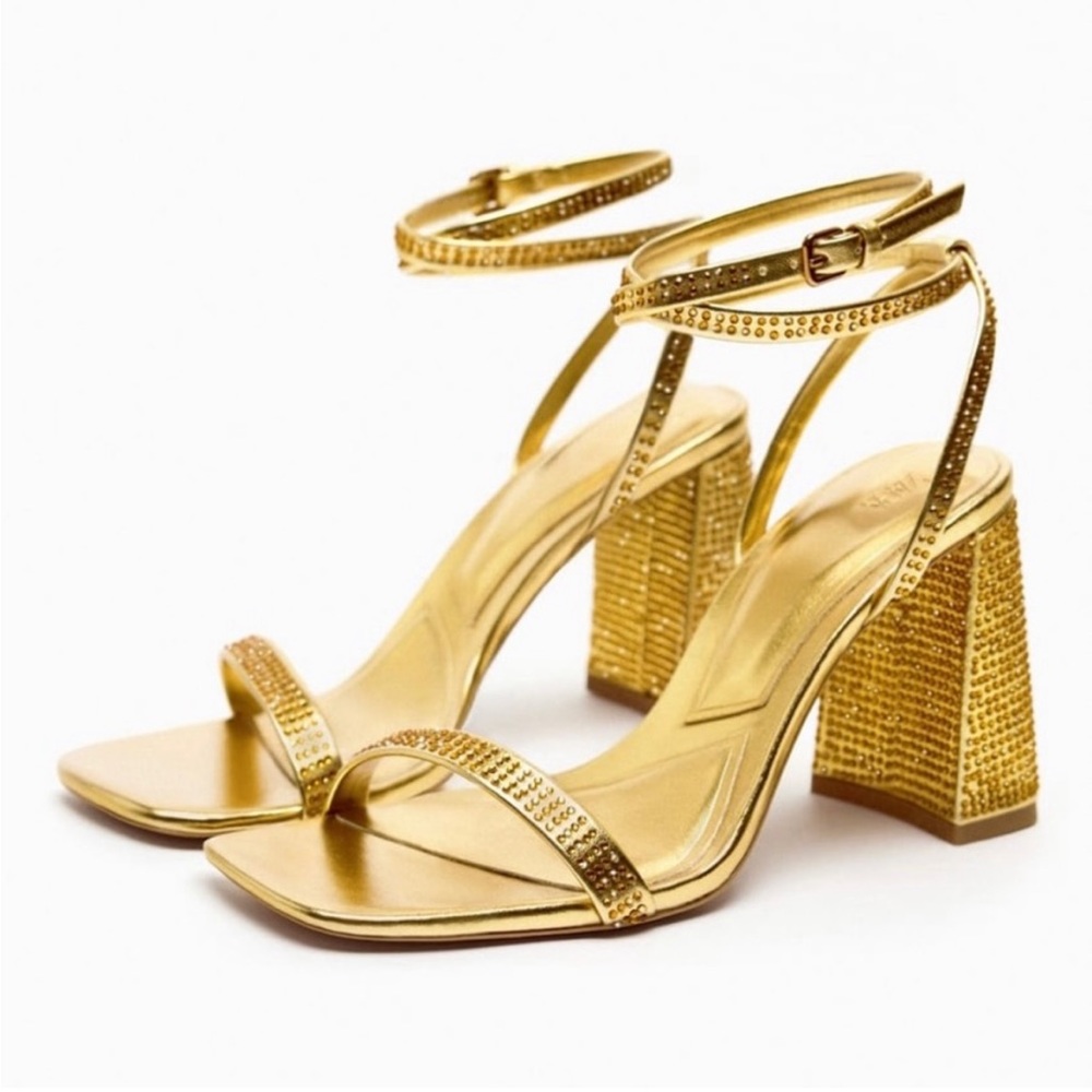 Zara Gold Chunky Heel Sandals with Ankle Strap